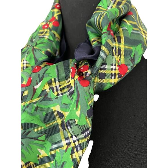Talbots 100% Silk Scarf Christmas Holly & Tartan Plaid Green Navy 34” Square - Picture 4 of 12